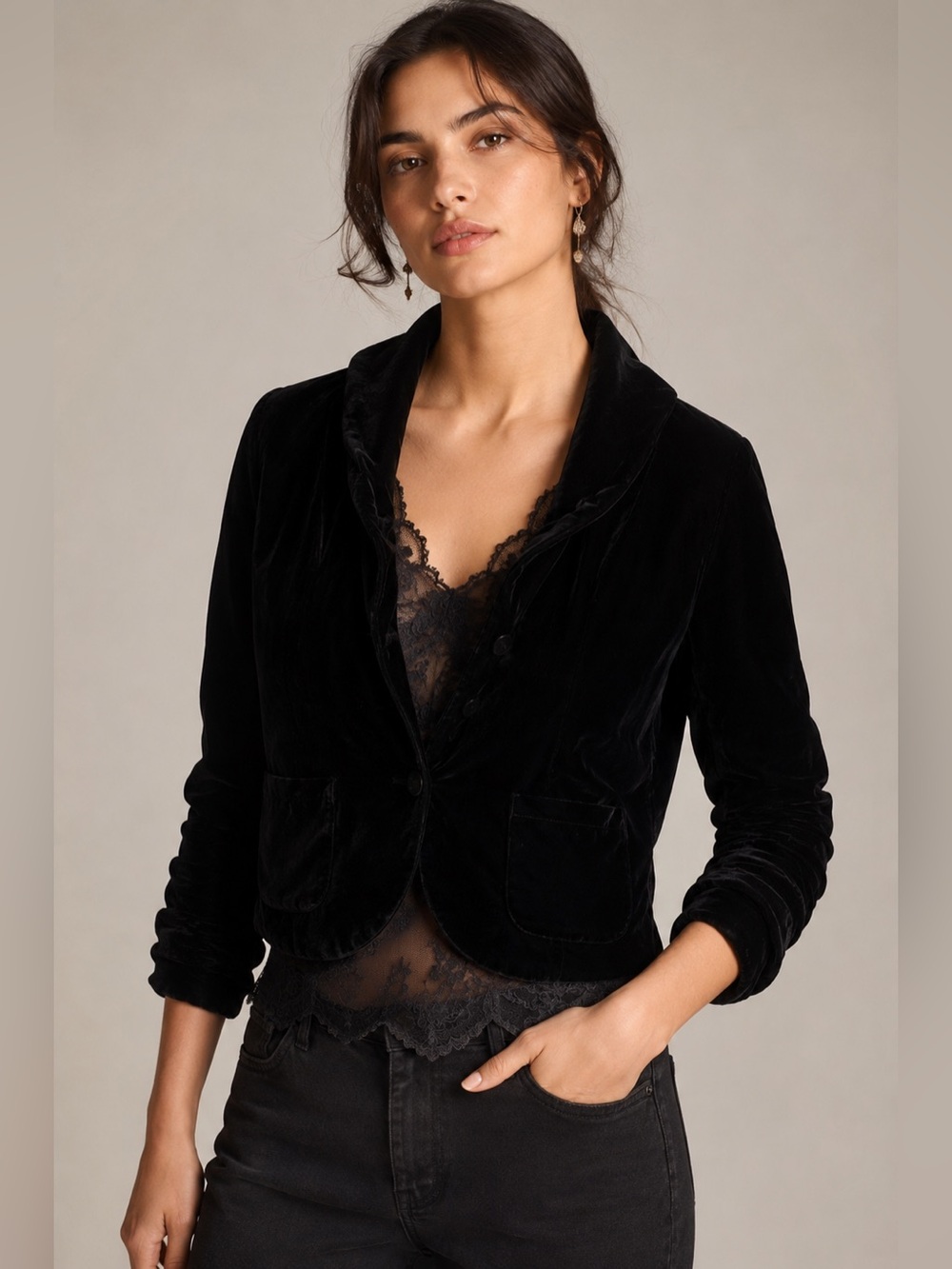 Anthropologie Odille Black Silk Blend Velvet Cropped Blazer Jacket 2 see video